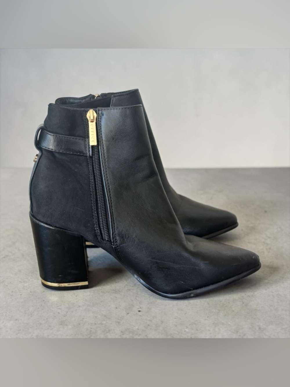 Office Black Leather Gold-Zip Block Heel Ankle Boots